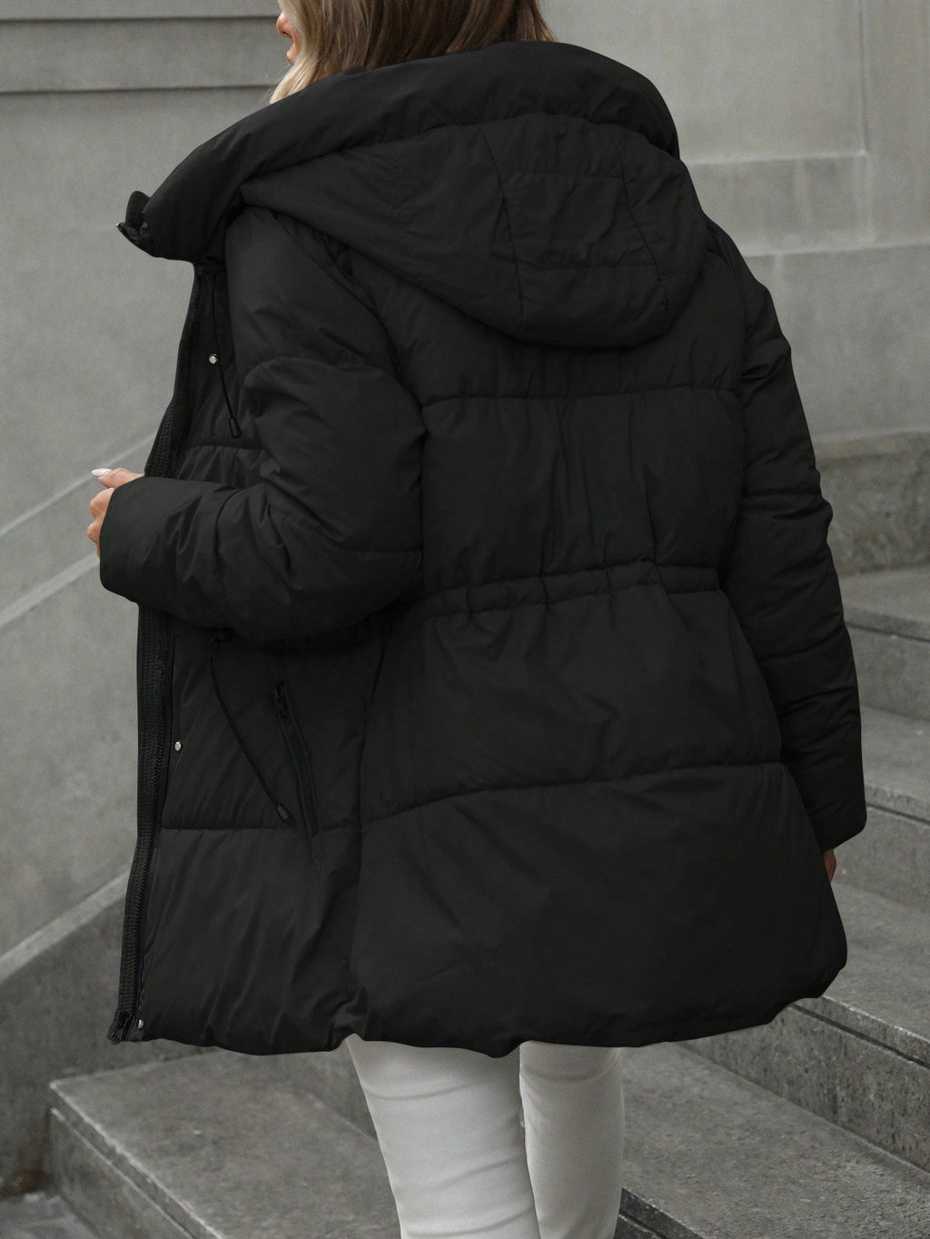 Womens Adjustable Waist Quilted Mid-Length Hooded Padded Winter Coat