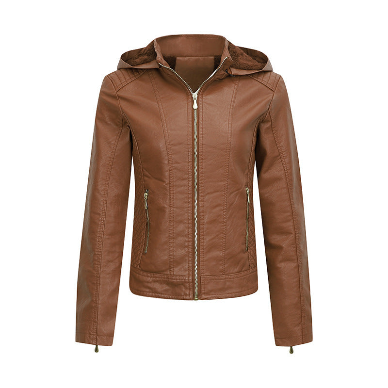 Womens Plush Thickened Hooded Slim Zipper Leather Jacket With Pockets | Long Sleeve Outwear Winter Coat