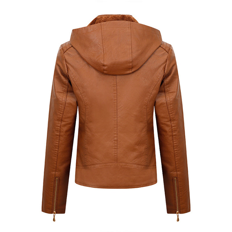 Womens Plush Thickened Hooded Slim Zipper Leather Jacket With Pockets | Long Sleeve Outwear Winter Coat