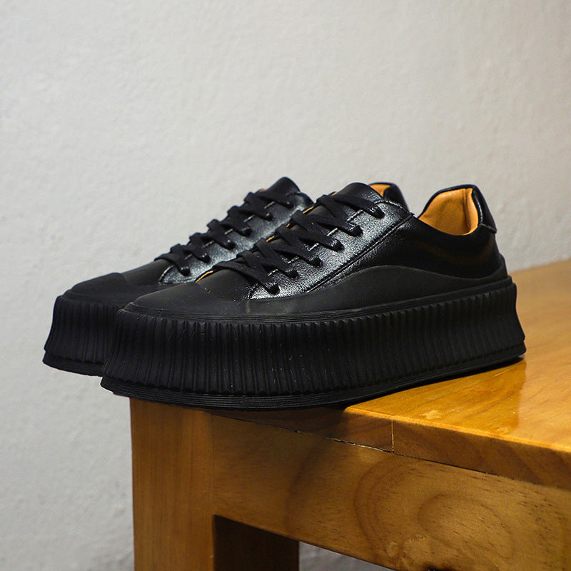 Women's Platform Leather White Shoes - Thick Heel