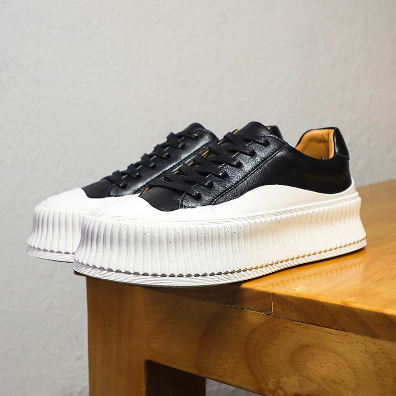 Women's Platform Leather White Shoes - Thick Heel