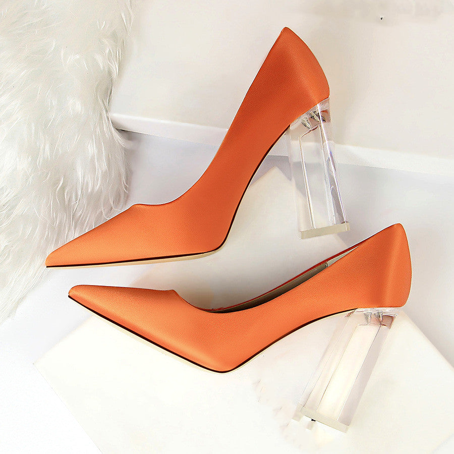 Women's Satin Stiletto Pumps with Transparent Block High Heels