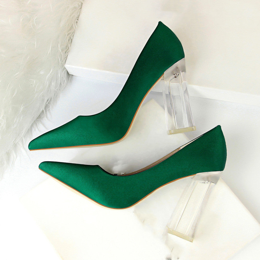 Women's Satin Stiletto Pumps with Transparent Block High Heels