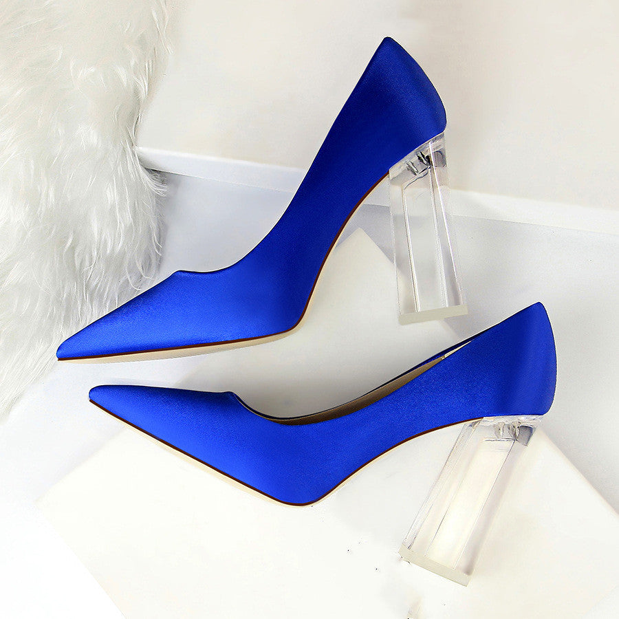 Women's Satin Stiletto Pumps with Transparent Block High Heels