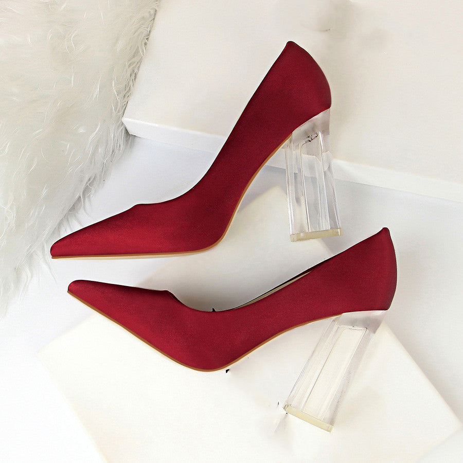 Women's Satin Stiletto Pumps with Transparent Block High Heels