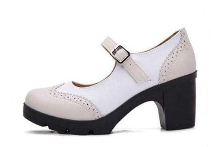 Women's Genuine Leather Mary Jane Pumps with Retro Square Design