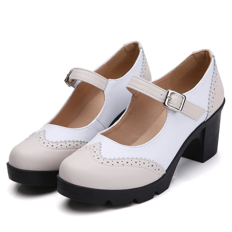 Women's Genuine Leather Mary Jane Pumps with Retro Square Design