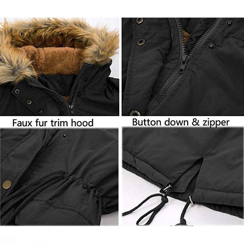 Womens Hooded Fur collar winter warm jacket | Medium Length With Velvet
