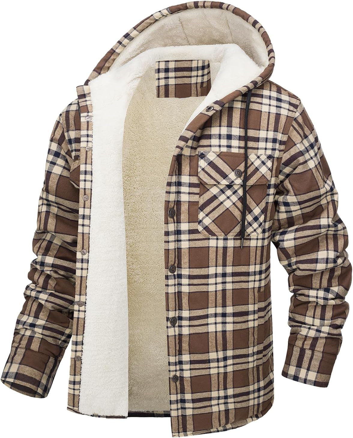 Men's Hooded Fleece Lined Plaid Coat for Warm Winter Wear