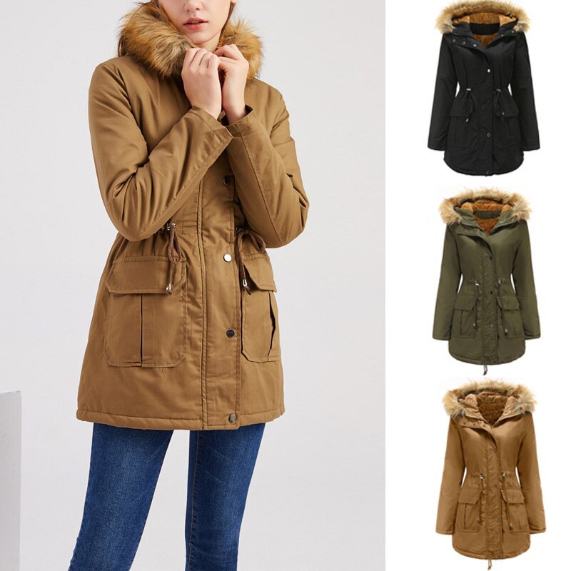 Womens Hooded Fur collar winter warm jacket | Medium Length With Velvet