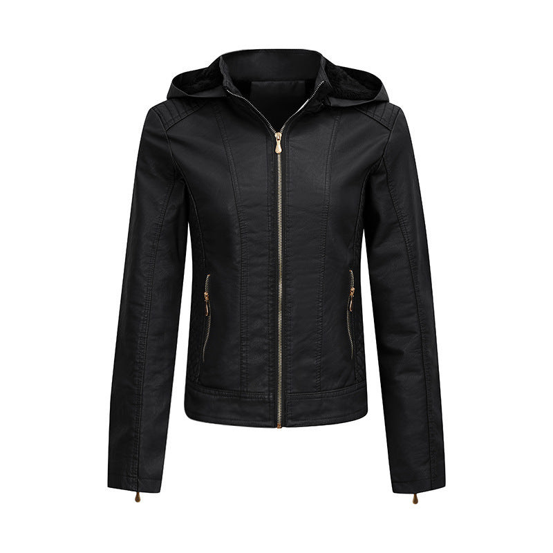 Womens Plush Thickened Hooded Slim Zipper Leather Jacket With Pockets | Long Sleeve Outwear Winter Coat