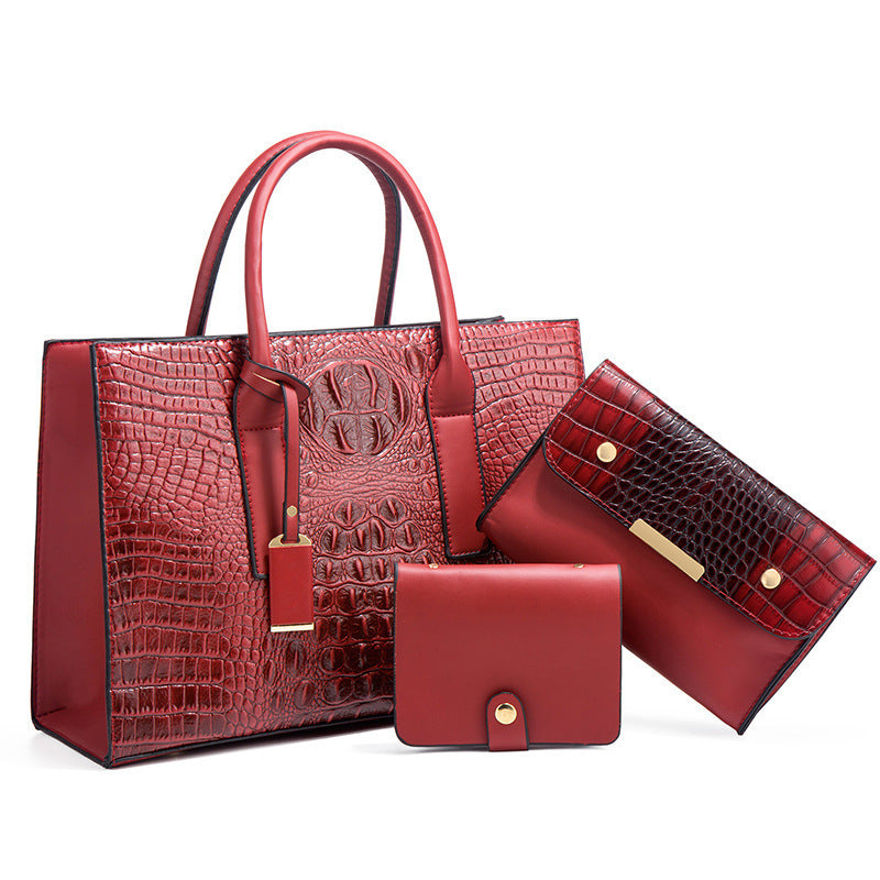 Women's Three-piece Bag Set - Crocodile Leather Handbag