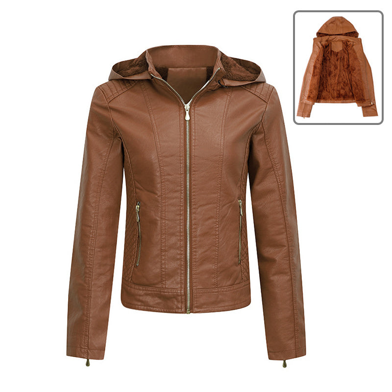 Womens Plush Thickened Hooded Slim Zipper Leather Jacket With Pockets | Long Sleeve Outwear Winter Coat