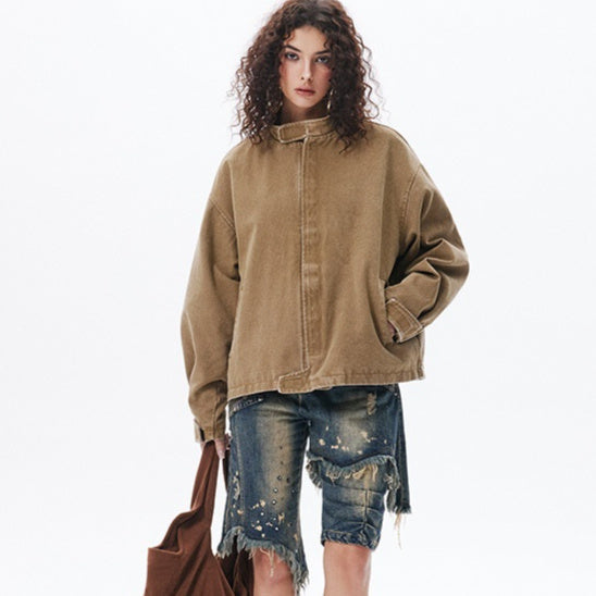 Womens American Retro Simple Loose Padded Shoulder Jacket