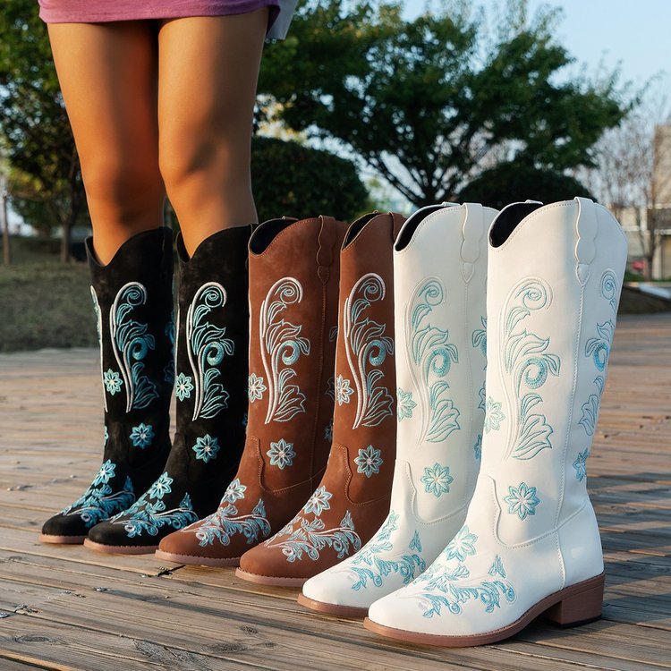 Womens Plus Size High Cylinder Below The Knee Embroidered Cowboy Boots