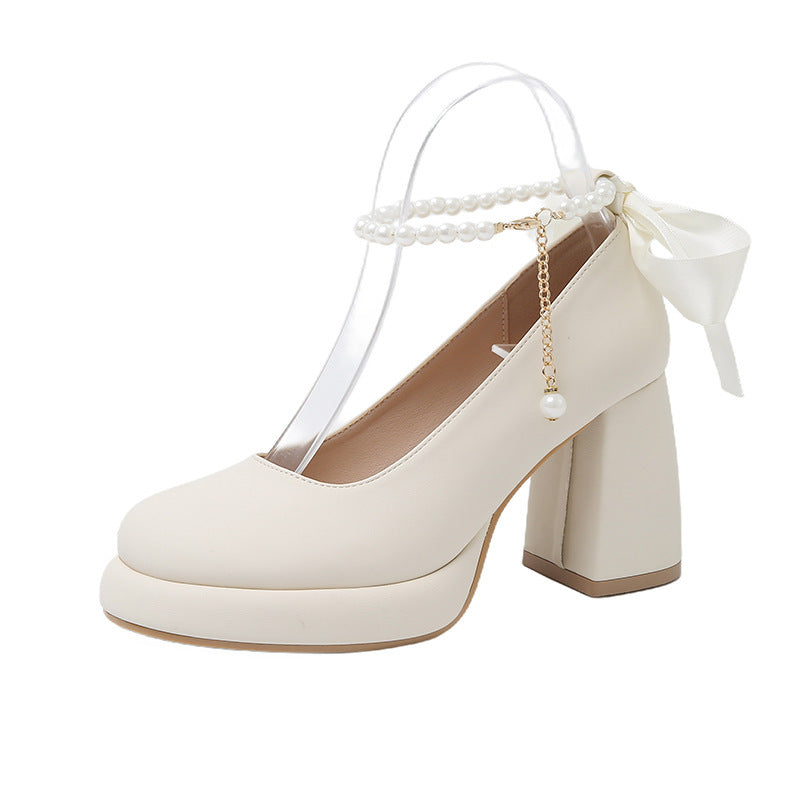 Womens Mary Jane Shoes | Preppy Style Chunky Heel Pearl All-match