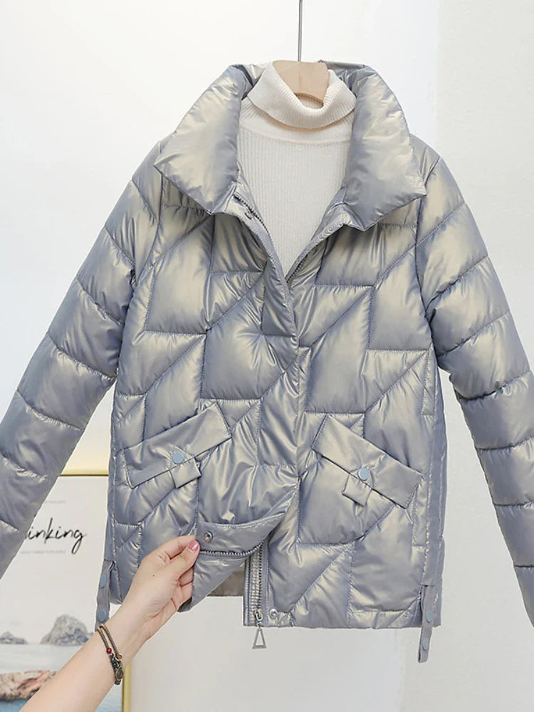 Womens Glossy Padded Down Cotton Jacket | Stand Collar Casual Warm Parka