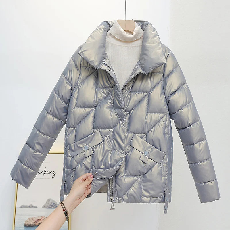 Womens Glossy Padded Down Cotton Jacket | Stand Collar Casual Warm Parka